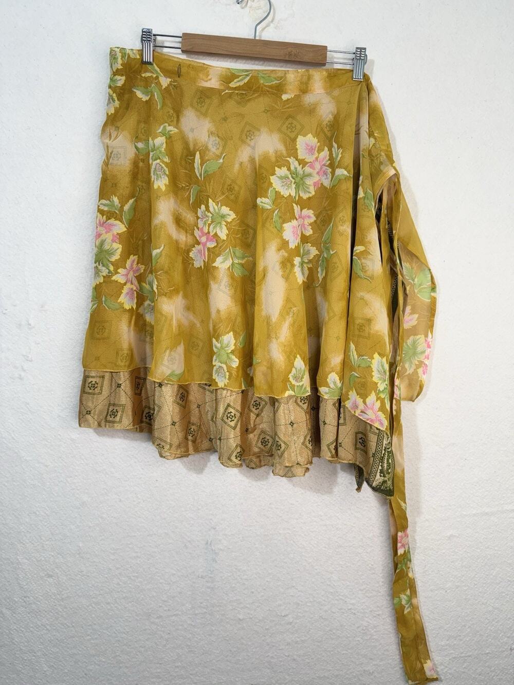 Baba Yellow Layered Floral Reversible Tie Waist Skirt Modern Gypsy Boho Hippie